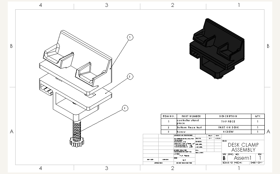 Engineering drawing of the desk clamp dock assembly