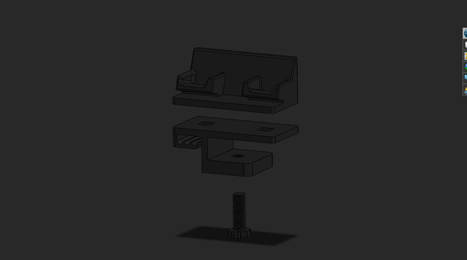 Exploded SOLIDWORKS CAD view of the adjustable desk clamp dock